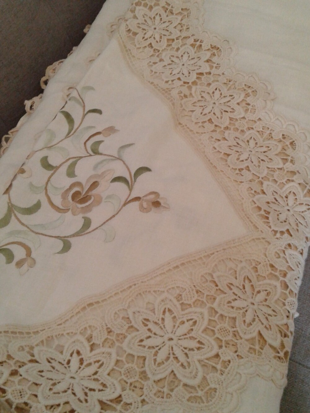 Vintage NWOT Italian Wedding Linen Blend Cream Lace Ruffle Trim Bedspread